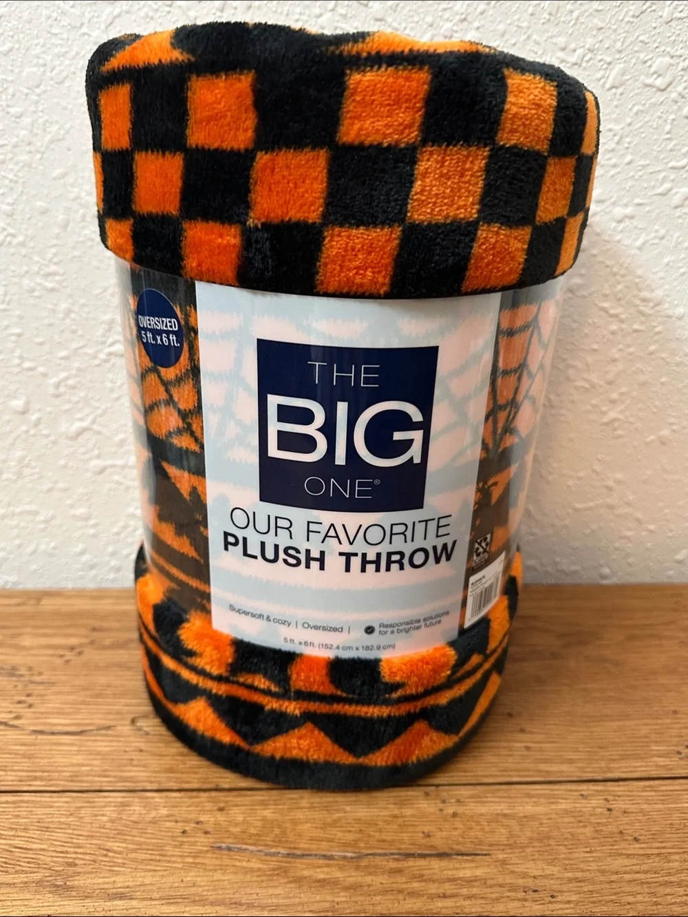 The Big One Orange & Black Checker Plush Throw with bats and cats